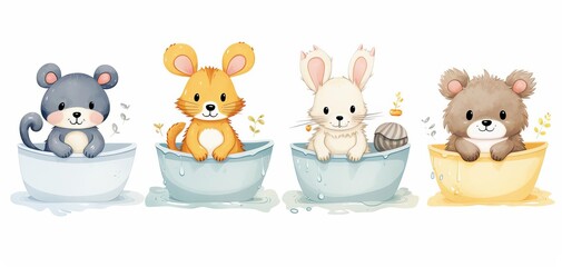 Cute illustration of four animals taking a bath in bowls, including a mouse, mouse, rabbit, and bear, perfect for children's themes.