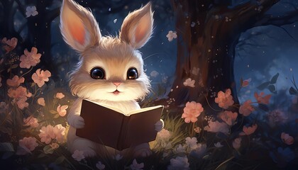 Cute rabbit reading a book in an enchanted forest at night, surrounded by glowing flowers and magical ambiance.