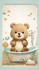 Cute teddy bear sitting in a bathtub with flowers, soap, and leaves decoration. Adorable illustration perfect for children.