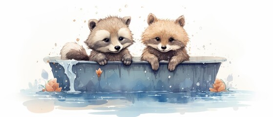 Cute digital illustration of two cartoon raccoons in a bathtub, creating a whimsical and playful scene perfect for children's content.