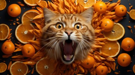 Playful image of an orange cat face surrounded by oranges and orange petals creating a fun and vibrant artistic display.