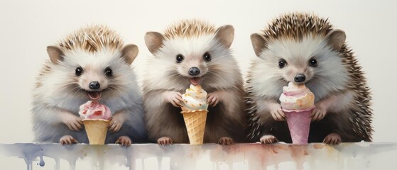 Three adorable hedgehogs enjoying colorful ice cream cones. Perfect for adding a touch of cuteness to any project or design.
