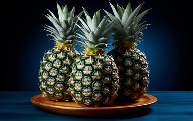 Three fresh pineapples on a wooden tray, set against a deep blue background, showcasing their vibrant green and yellow textures.