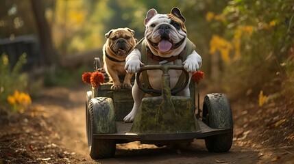 Two adorable bulldogs enjoying a fun ride on a mini tractor in a scenic, sunlit outdoor setting.