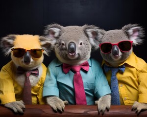 Three stylish koalas wearing bright shirts and sunglasses, posing against a dark background.