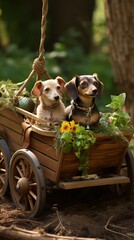 Two adorable puppies sitting in a wooden cart surrounded by greenery and flowers in a forest setting.