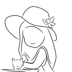 girl with hijab and beach hat holding cat
