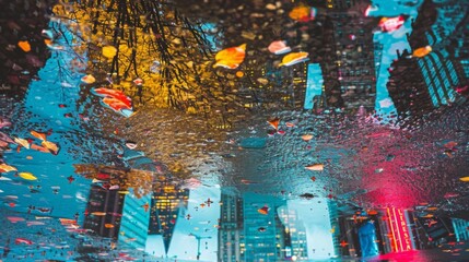 imagine an experimental shot of a cityscape reflected in a puddle after rain, with vibrant colors and abstract patterns --ar 16:9 --style raw Job ID: 66ae5199-e599-4c67-84f2-bc86cd75901d