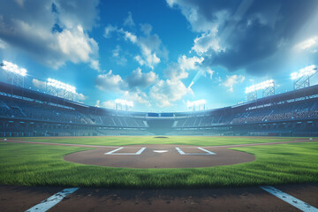 Baseball stadium with lights and blue sky in a photorealistic style. The image is highly detailed, 8k, and UHD