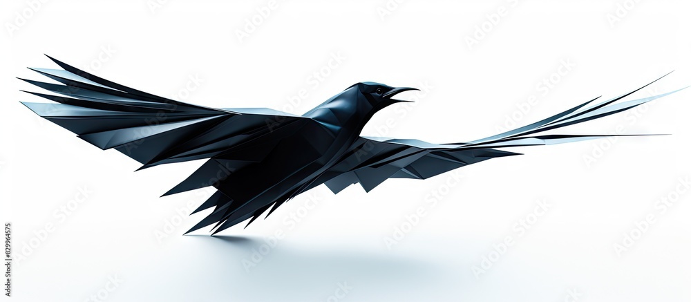 Poster in an isolated white background a black origami bird gracefully soars through the air providing ampl