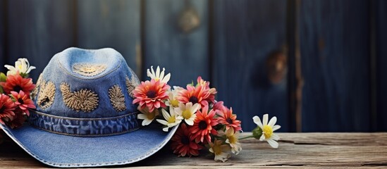 Denim jacket with embroidered flowers paired with jeans a straw hat and a wooden background Copy space image