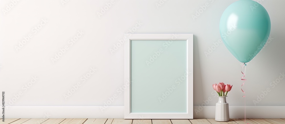 Poster The child s toy is placed on a white wooden table with a frame leaving empty space in the image. with copy space image. Place for adding text or design