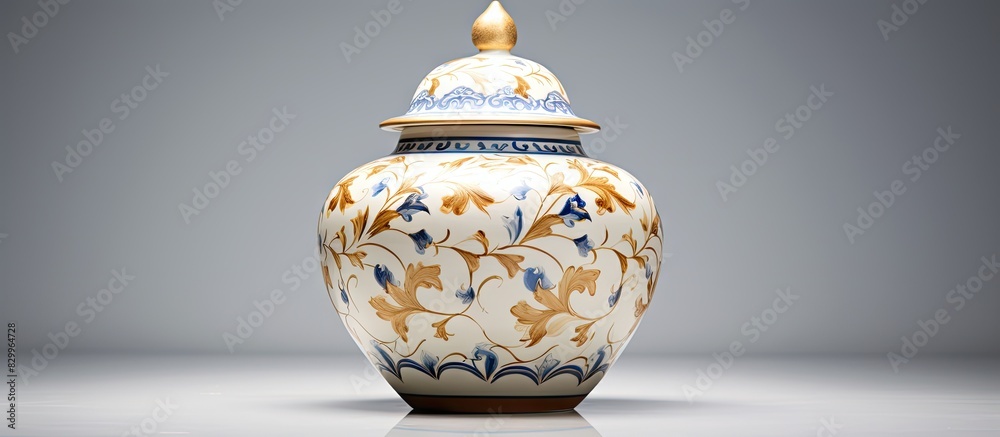 Poster on a white background there is an exquisite antique ceramic jar and its lid providing ample copy spa