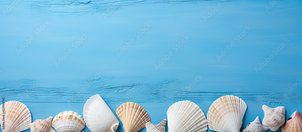 Poster A photo of seashells on a blue background taken from a top down perspective would be a great summer vacation composition idea for a flat lay image with copy space