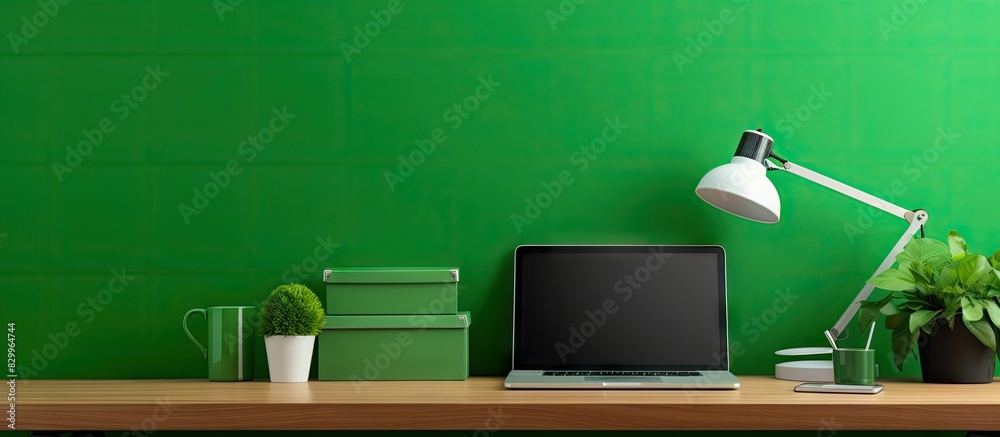 Poster Copy space image of a home office workplace with a green wall and a chroma key computer screen on the desk