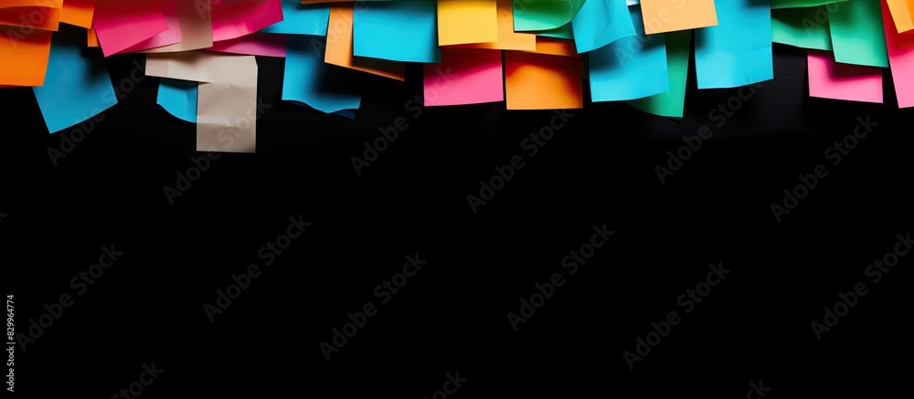 Poster colored note paper pieces on a black backdrop with copy space