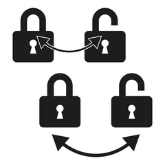 Lock and unlock icons. Arrow connection symbols. Vector illustration set. Black and white.