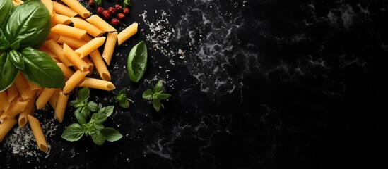 A high angle shot of penne pasta with parmesan cheese and basil leaves on a black marble surface featuring copy space for an image - Powered by Adobe