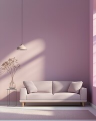 Minimalist Living Room with Pink Walls and Modern Sofa in Natural Light