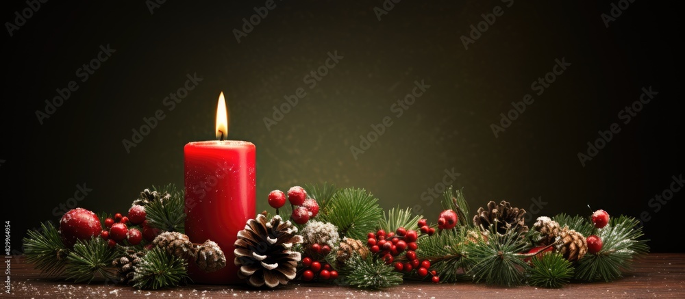 Poster a festive christmas candle adorned with evergreen branches berries and pinecones creating a stunning