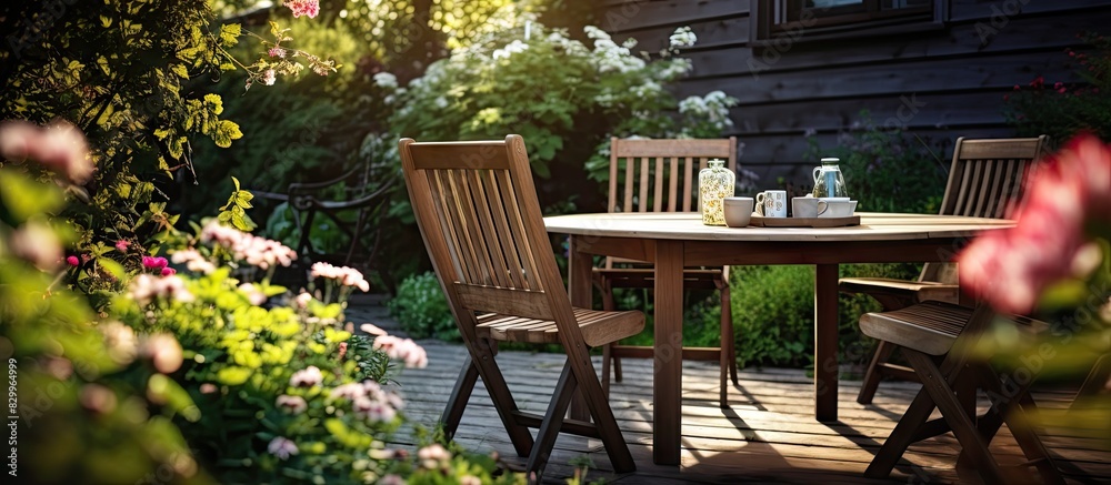 Aufkleber a cozy garden setting with a timber outdoor table and chairs providing a perfect spot for relaxation