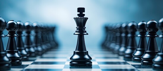 A close up shot captures the focused black chess pieces leaving ample copy space in the image