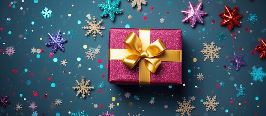 A Christmas present wrapped in colorful paper with a ribbon decorative balls and a snowflake The image features a holiday concept with copy space presented in a flat lay view from the top