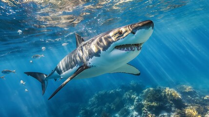 Fototapeta premium Great White Shark Swimming in Clear Blue Ocean Waters with Coral Reefs and Small Fish, Perfect for Marine Life Posters