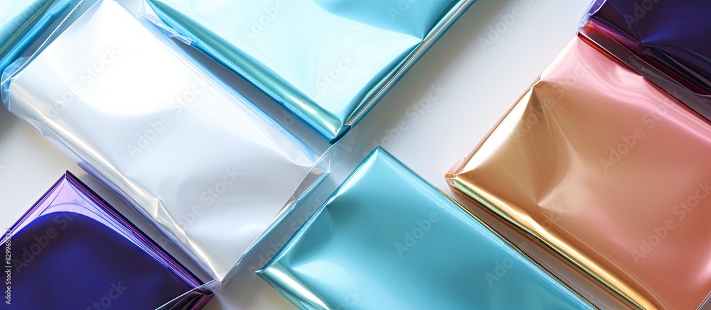 Poster Flat lay image of blank foil packages on a light background creating copy space