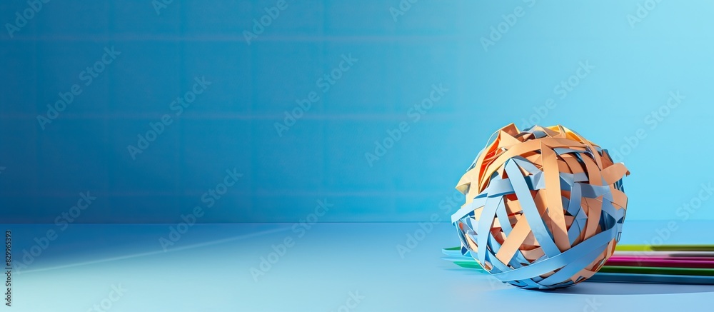 Poster copy space image of colored pencils and shredded paper ball placed on a light blue background accent