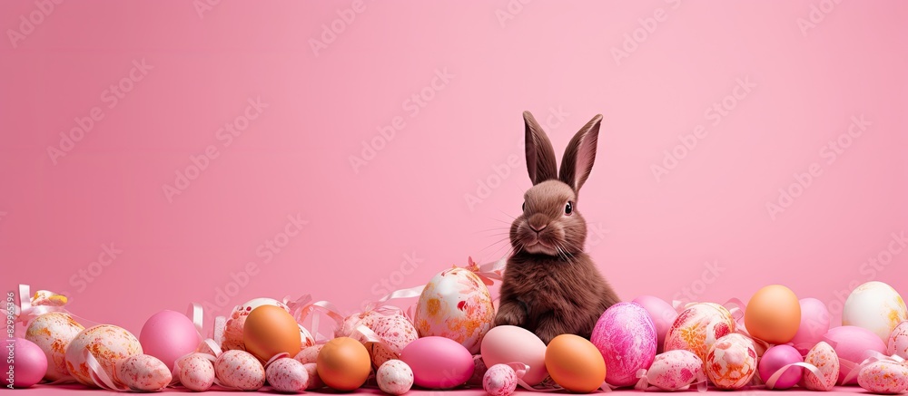 Poster a festive arrangement of chocolate easter bunny eggs and candies on a vibrant pink background with a