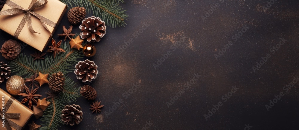 Poster Flat lay copy space image of a Christmas composition with a festive tree adorned with pine cones star anise and surrounded by cardboard boxes There are also gifts and fir branches in the scene