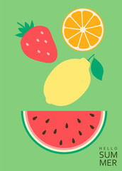 Hello summer, card for your design with a delicious piece of watermelon, ripe strawberry, lemon with leaves, and a slice of orange.