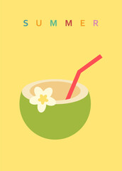 Summer vector card with a cocktail in a coconut and a straw on a yellow background.