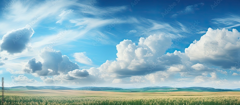 Poster the copy space image features the vast expanse of grain fields below a majestic sky filled with bill