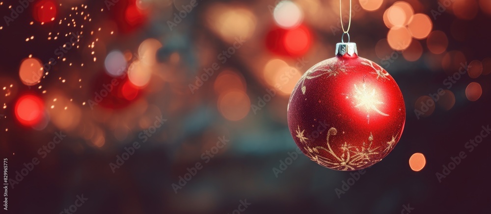 Poster a festive red bauble hanging on a beautifully decorated christmas tree the image has a retro filter 