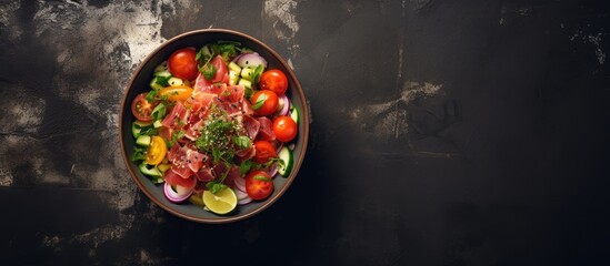 A close up image of a raw organic tuna poke bowl with vegetables on a table copy space image - Powered by Adobe