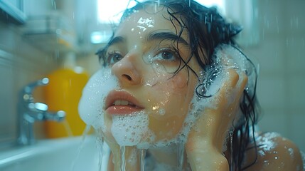 Fresh Morning Awakening Woman Washing Face at Sink