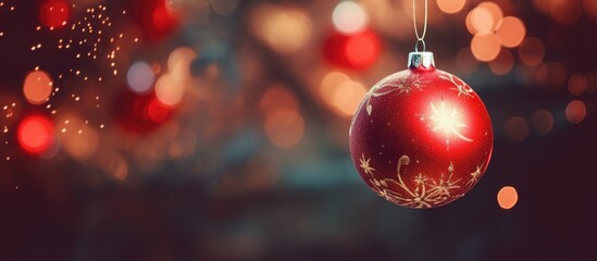 A festive red bauble hanging on a beautifully decorated Christmas tree The image has a retro filter effect creating a joyful atmosphere for the New Year and Christmas celebrations - Powered by Adobe