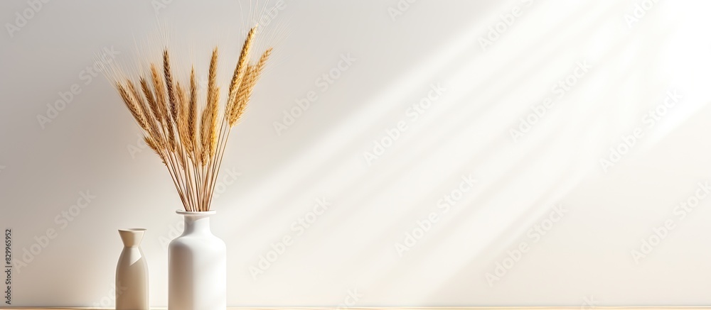 Aufkleber A minimalistic home decoration with a bottle displaying a bouquet of wheat spikelets on a table The light casts strong shadows emphasizing the empty white frame for text Perfect for showcasing a copy