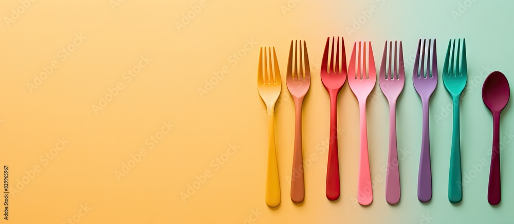 Poster Colorful spoon and fork element arranged on a table from a top down perspective creating an appealing flat lay design with ample copy space image
