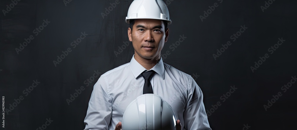 Poster asian engineer man in a white shirt holding a helmet facing the camera in a portrait. with copy spac