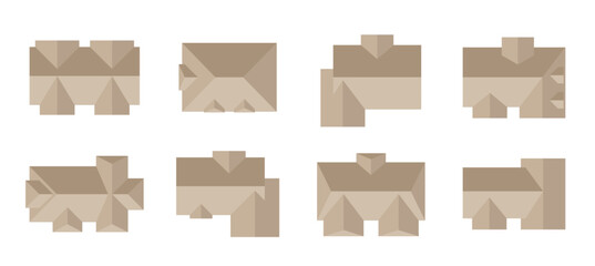 set of Houses and Buildings top view. Isolated elements for design of city, town, village, country plans. Objects to the map view from above. Top view for design . Vector illustration in flat style