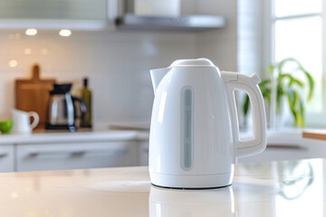 white electric kettle in the bright kitchen