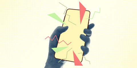 Collage with halftone style hands hold smartphone Minimalist metaphor concept finance-themed, mobile applications, online sales, social media. Idea for web banner Cutouts magazine. Vector illustration