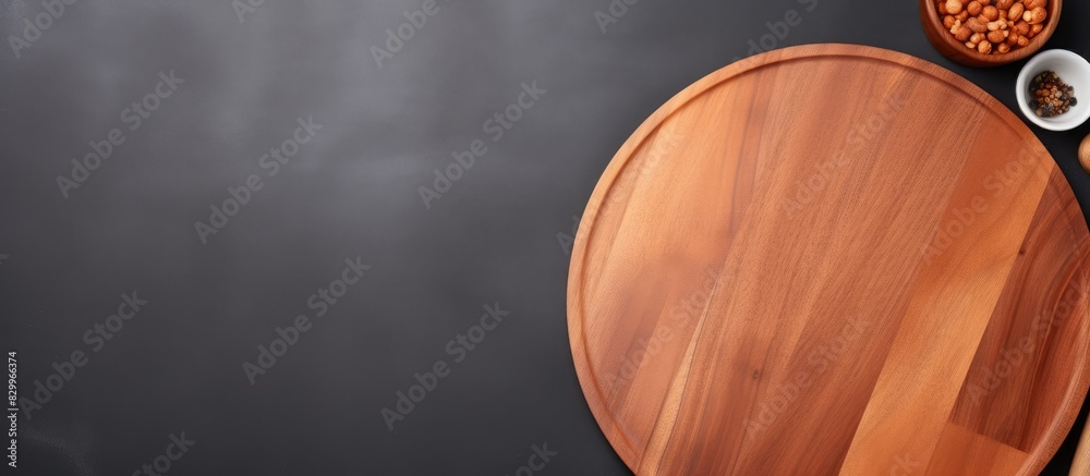 Poster A close up top view of a wooden cutting board with a round shape placed on a gray background accompanied by kitchenware Copy space image