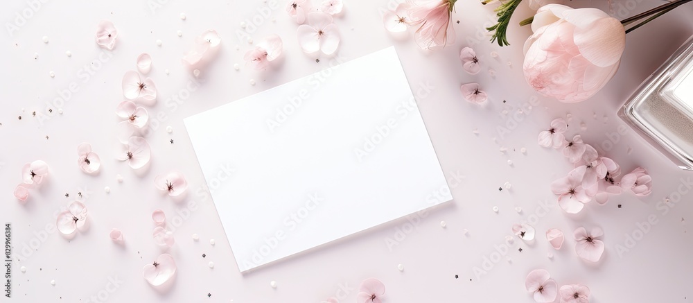Poster a feminine blog postcard with a beauty blogger s minimal women desk concept it features a flat lay o