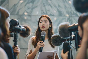 interview or press release concept, asian woman talking with journalists