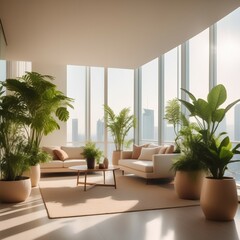 luxurious loft apartment window; minimalistic interior living room design; 3D Illustration