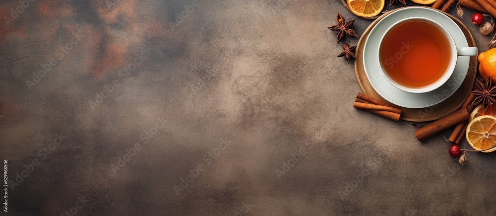 Aufkleber Top view of a cup of fruit tea placed on a table with copy space image